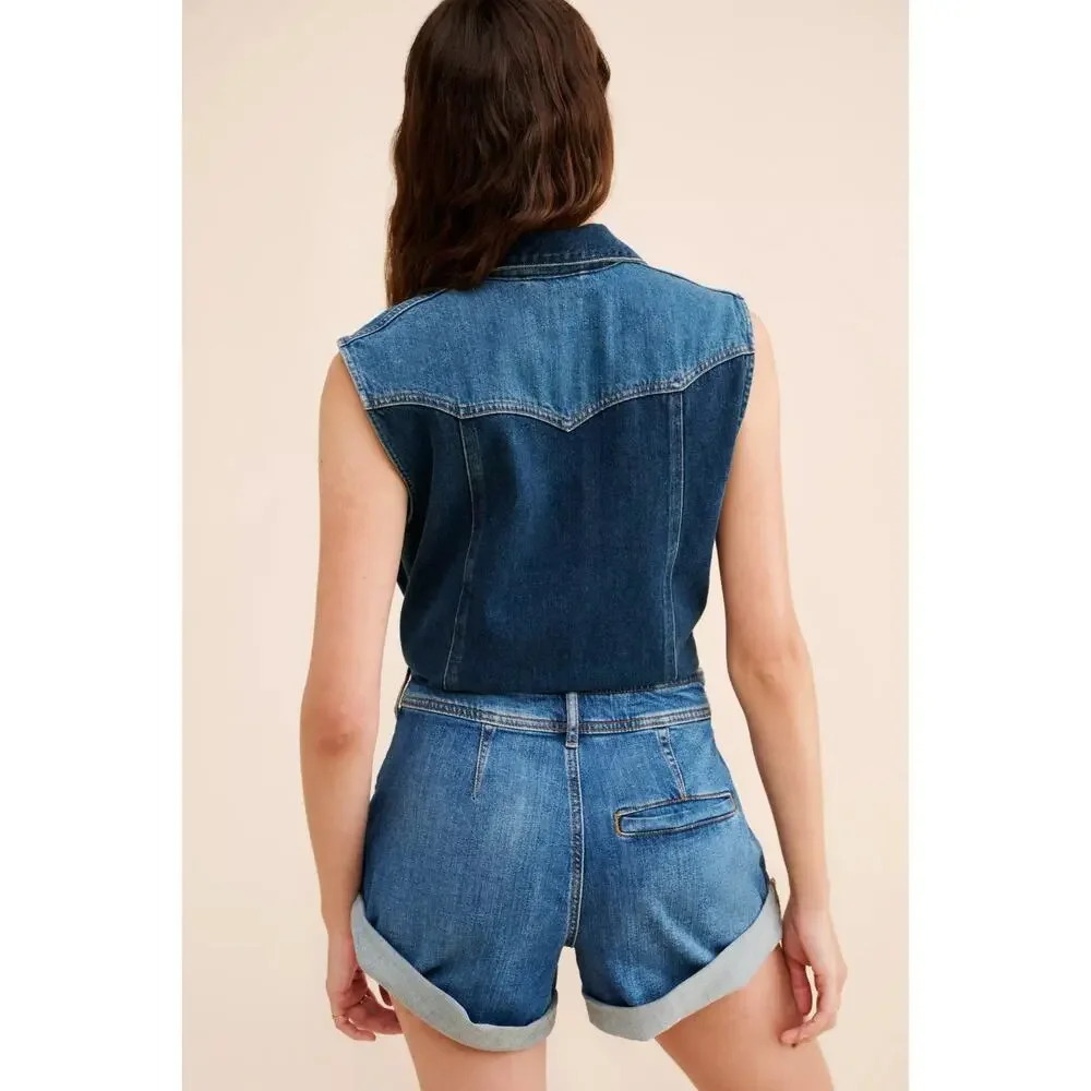 Anthropologie Pilcro Rolled Single Back Welt Pocket Cotton Denim Shorts 25 - Picture 2 of 11